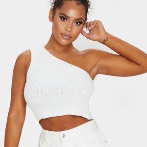 One Shoulder Cream Knitted Crop Top